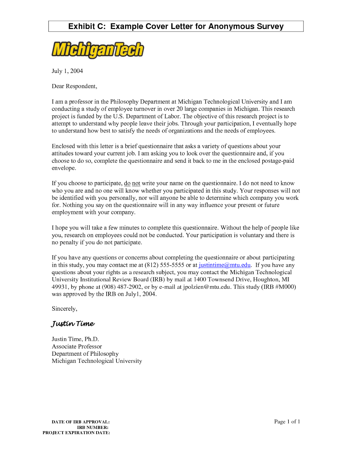 Cover letter questionnaire surveys